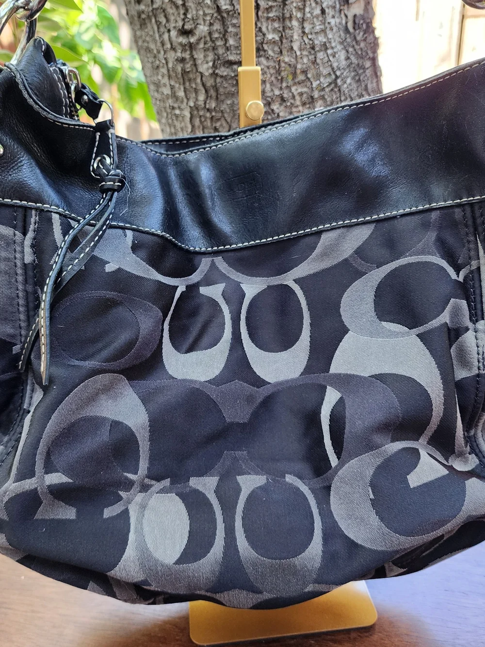 Coach Zoe Optic Signature C Jacquard Hobo Shoulder Bag Black Grey